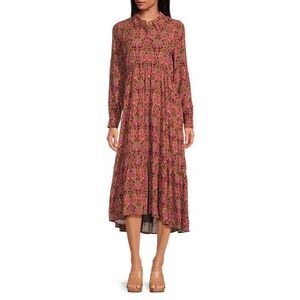 A Loves A
Paisley Print Button Down Collar Long Sleeve Tiered Maxi Shirt Dress